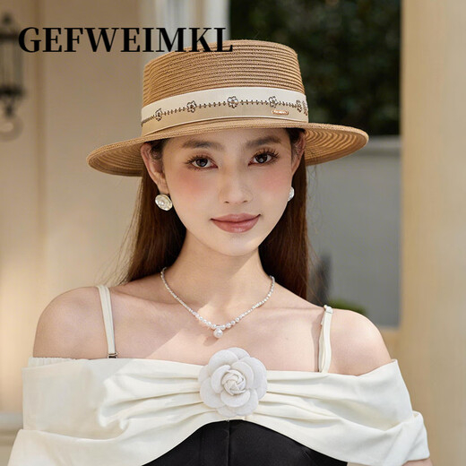 GEFWEIMKL2026 New Spring and Summer Sunscreen Flat Top Straw Hat Women's Outdoor Travel Beach Sunscreen Hat Women's Curly Beach Hat Khaki Adjustable (56-58cm)