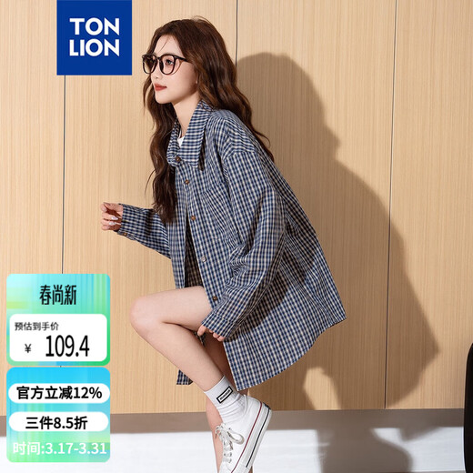 TonLion 2025 Spring Women's Lapel Plaid Long Sleeve Shirt L Dark Blue