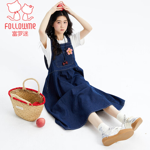 Fuluo Mi Girls Dress Summer New Fashionable and Western-style Loose Casual Denim Suspender Skirt for Big Girls Blue 160
