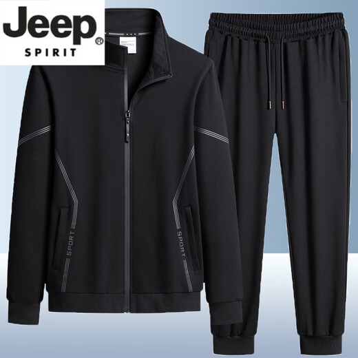 JEEP SPIRIT cotton casual sports suit men's business large size spring and autumn new stand-up collar cardigan jacket men's two-piece set B325-W3219 black leg bound spring and autumn style LM M 85-100Jin Jin equals 0.5 kg