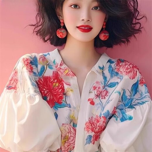 Lao Tangsen Jingdong Direct Purchase French Puff Sleeve Floral Short Sleeve Shirt Women's 26 New Shirt Women's L