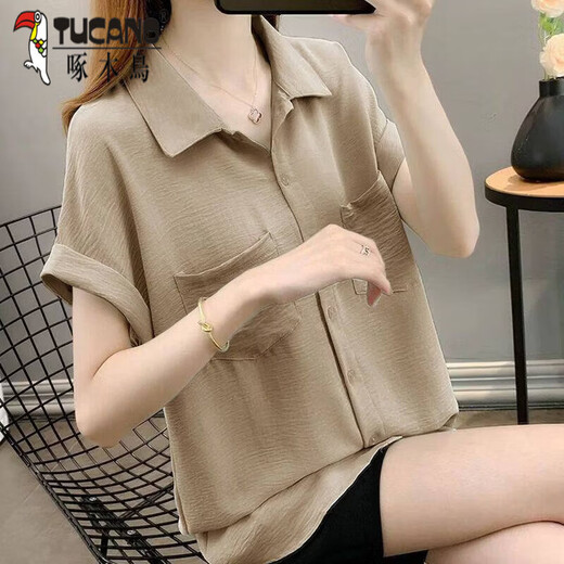 Woodpecker 2026 New Trendy Loose High-end Chiffon Shirt Tops Women Summer Thin Shirt Short Sleeve Fashion Large Size Graphic Khaki XL 100-120Jin Jin is equal to 0.5 kg