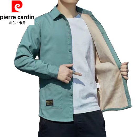 Pierre Cardin men's long-sleeved shirt with velvet and thickened cotton warm men's jacket autumn and winter shirt young and middle-aged men's warm shirt army green pure cotton warm velvet shirt H25 XL recommended 130-150Jin Jin equals 0.5 kg