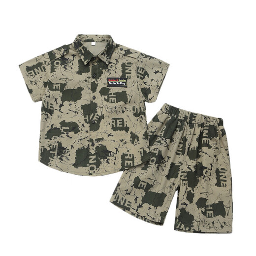 Ultraman boys handsome short-sleeved shirt suit summer little boy handsome fashionable baby children summer camouflage two-piece set off-white 100 cm