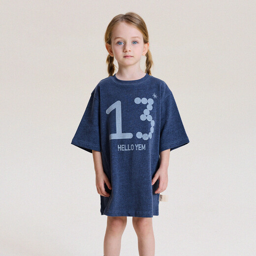 Yoona's mom girls 2026 spring and summer new distressed printed T-shirt dress children's retro dress baby princess dress navy blue ready stock 90