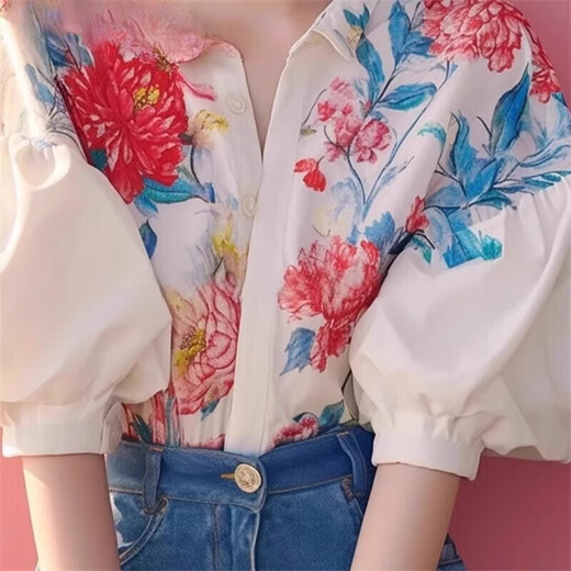 Lao Tangsen Jingdong Direct Purchase French Puff Sleeve Floral Short Sleeve Shirt Women's 26 New Shirt Women's L