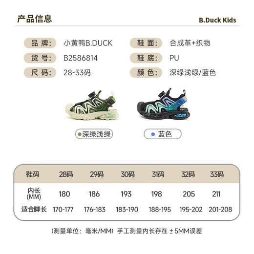 B.Duck Little Yellow Duck Children's Shoes Boys Sandals Baotou Summer New Rotary Buckle Children's Shoes Soft Soled Sports Beach Shoes Dark Green Size 28 Suitable for Feet Length 17.0-17.7cm