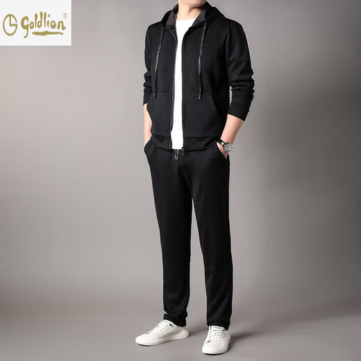 Goldlion 2026 Spring Men's Sweater Suit New Cashmere Sports Pants Hooded Cardigan Casual BB-83121 Navy Blue M 170