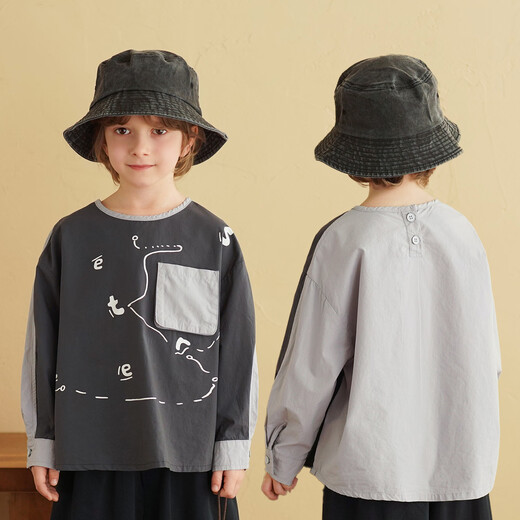 Yantaijia children's clothing children's pure cotton printed shirt spring clothes super good-looking baby tops boys long-sleeved T-shirt dark gray 130