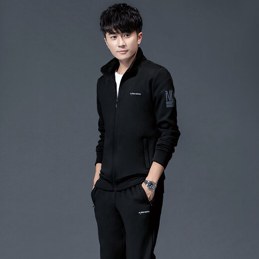 K-Boxing men's new sports suit men's spring and autumn casual sweatshirt running sportswear autumn and winter velvet thickened men's three-piece set N0689 Spring and Autumn black + long-sleeved T-shirt three-piece set M XL (175C)