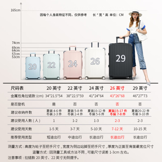 回力行李箱大容量拉杆箱旅行密码登机加厚女拉链学生皮箱子 加厚耐用拉链-黑色 26英寸 （可托运）