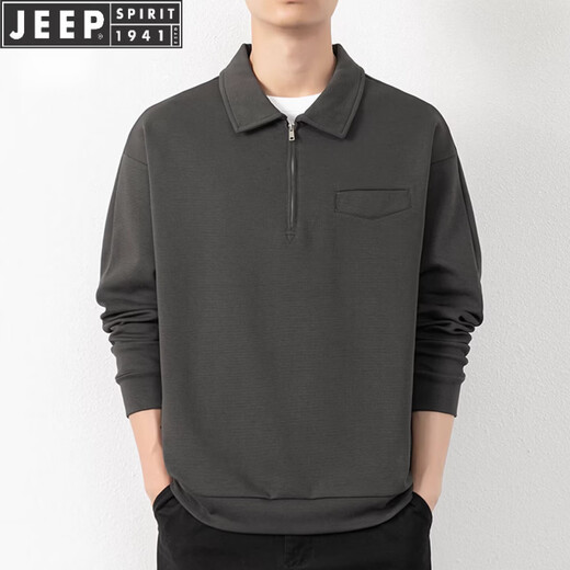 JEEP SPIRIT half-zip sweatshirt men's spring and autumn new lapel Polo shirt loose casual bottoming long-sleeved T-shirt men's 698 dark gray M