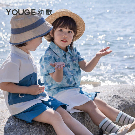 YOUGE Infant Ocean Whale Print Lapel Short Sleeve 2026 New Cute Loose T-shirt for Children and Middle School Tide Blue 90 cm
