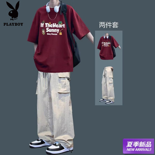 Playboy (PLAYBOY) American T-shirt summer short-sleeved suit casual trend matching men's ice silk trousers loose fashion two-piece set for men 2-piece set-Sunny pure cotton black short-sleeved + overalls black M upgraded version