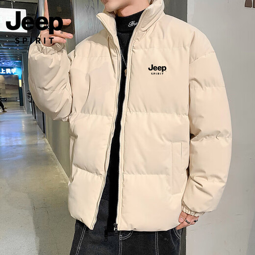 JEEP SPIRIT Jeep Winter Hong Kong Style Men's Down Cotton Clothes Loose Trendy Cotton Clothes Students Thickened Warm and Coldproof Bread Jacket Men White XL