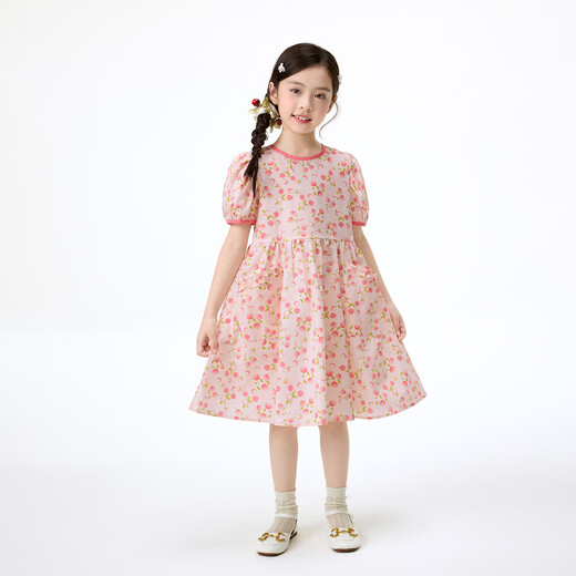 Xiaoyinman children's clothing girls pure cotton round neck dress 26 mid-summer big children casual comfortable breathable sweet skirt pink 130