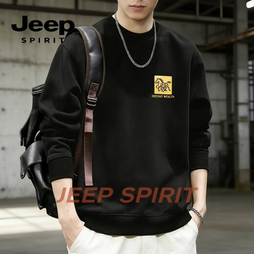 JEEP SPIRIT American Heavyweight Velvet Thickened Round Neck Sweater Men's Loose 2026 Spring Casual Bottoming Shirt Warm Long Black 3XL 180-205Jin Jin is equal to 0.5 kg