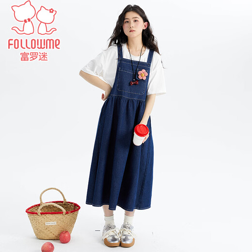 Fuluo Mi Girls Dress Summer New Fashionable and Western-style Loose Casual Denim Suspender Skirt for Big Girls Blue 160