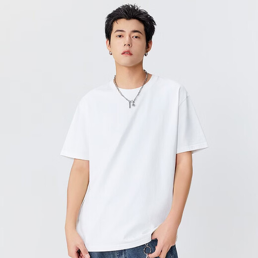 MINISO pure cotton short-sleeved T-shirt men's summer heavyweight 220G white right shoulder inner bottoming shirt American fashion brand street T-shirt 220G combed cotton heavyweight white (mt breaking letter back label) 2XL /185 (weight 160-180Jin Jin is equal to 0.5 kg)