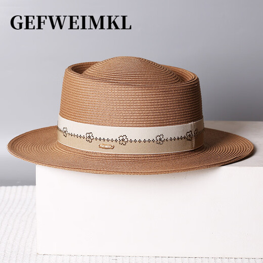 GEFWEIMKL2026 New Spring and Summer Sunscreen Flat Top Straw Hat Women's Outdoor Travel Beach Sunscreen Hat Women's Curly Beach Hat Khaki Adjustable (56-58cm)