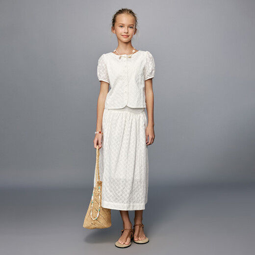 ELLE KIDS French resort style three-dimensional embroidered cotton A-line skirt for girls summer new versatile high-waisted mid-length skirt