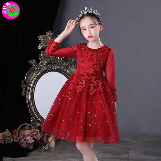 Children's knitted girl princess dress flower girl dress dress wedding dress children's dress tutu skirt children's program performance dress long wine red 160
