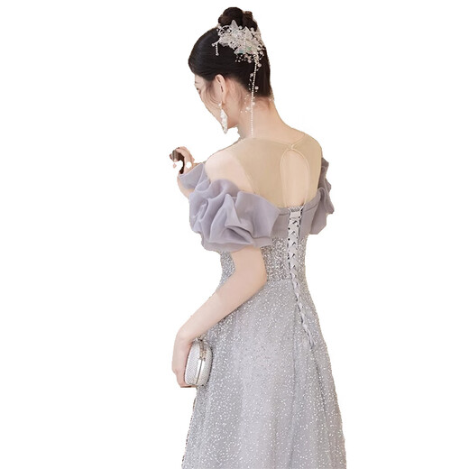 Mofu one-shoulder evening dress female fashionable fairy banquet host long dress slim adult dress 2026 spray gold dress XS