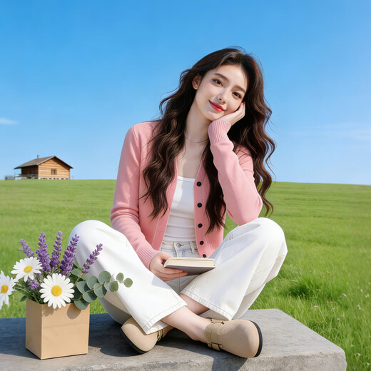 Fabric Story Luofen Women's Style Age-Reducing Wool Soft Waxy Knit Sweater + Versatile Straight White Jeans for Early Spring Wear Pink Knit Sweater M