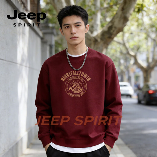 JEEP SPIRIT美式复古卫衣男宽松加绒保暖圆领套头衫2026春季休闲打底衫 酒红色（1） S 95-120斤