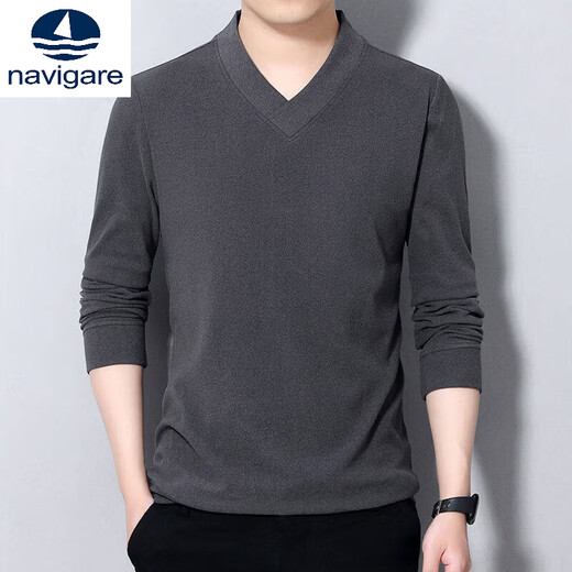 Navigare youth long-sleeved pullover casual solid color sweatshirt men's new velvet cationic V-neck slim spring and autumn outer wear 1619 Gray L Recommended weight 120-140Jin Jin equals 0.5 kg