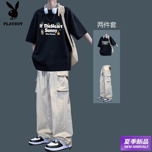 Playboy (PLAYBOY) American T-shirt summer short-sleeved suit casual trend matching men's ice silk trousers loose fashion two-piece set for men 2-piece set-Sunny pure cotton black short-sleeved + overalls black M upgraded version