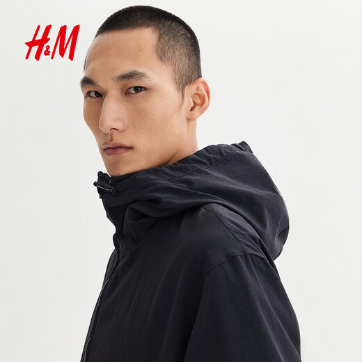 H&M Men's Jacket Summer New Lightweight Windproof Hooded Hydrophobic Nylon Windproof Hooded Jacket 1318393 Black M 175/100