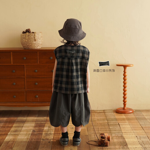 Yantaijia Children's Clothing Children's Cotton Cardigan Vest Outerwear 2026 Summer Children's Tops Thin Boys' Plaid Waistcoat Black One Size Small 90