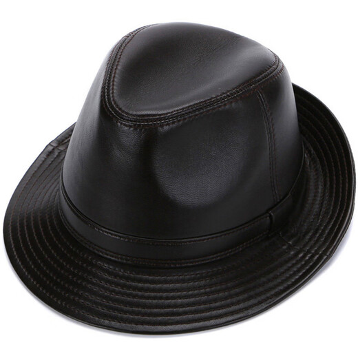 Feshelan top hat gentleman hat men's sheepskin hat cowboy hat top hat Korean style outdoor leisure middle-aged and elderly hat black cowhide fashion style extra large (61-62cm)