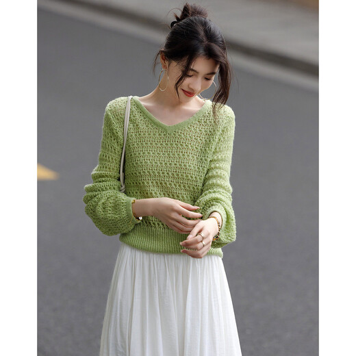 Demana Contains sheep wool, spring gentle style V-neck hollow sweater, girly short knitted sweater with hidden flesh, women's top