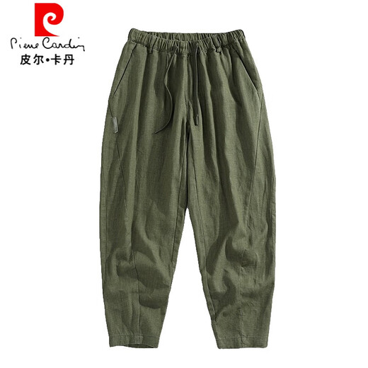 Pierre Cardin pantalones de algodón y lino pantalones de lino cónicos finos, sueltos y transpirables de verano para hombre 2026 nuevos pantalones casuales de nueve puntos de ramio verde militar fresco y transpirable S adecuado para 90-110 Jin Jin equivale a 0,5 kg