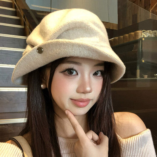 Chuangjingyixuan women's top hat, high-end and elegant, Korean style color-sensitive knitted fisherman hat for women, autumn and winter retro gold style, beige M (56-58cm)