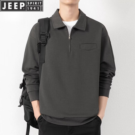 JEEP SPIRIT half-zip sweatshirt men's spring and autumn new lapel Polo shirt loose casual bottoming long-sleeved T-shirt men's 698 dark gray M