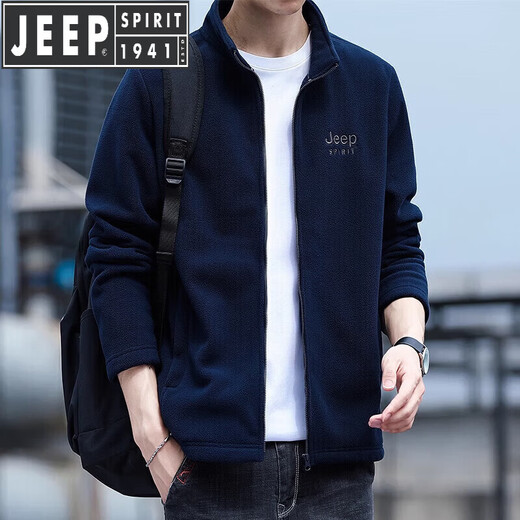JEEP SPIRIT Jeep Polar Fleece Men's Jacket Spring and Autumn New Fleece Sweatshirt Men's Plus Size Jacket Men's Fleece Warm Sapphire Blue M 100-120Jin Jin is equal to 0.5 kg
