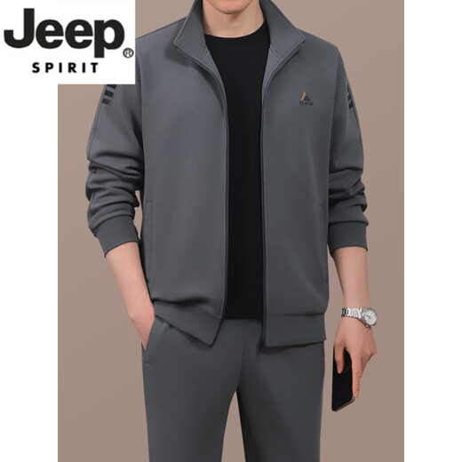 JEEP SPIRIT high-end sports suit men's autumn 2026 new dad casual three-piece sweatshirt middle-aged and elderly suit men's autumn and winter khaki two-piece suit L recommended 100-120Jin Jin equals 0.5 kg