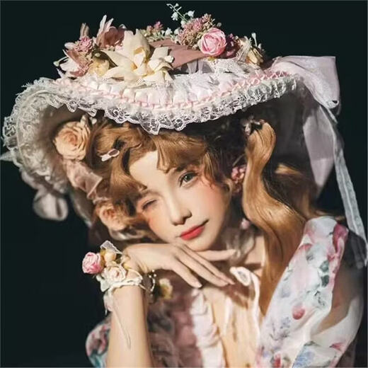 Beast Spring Pink Original Bonnet bnt Tea Party Elegant Heavy Industry Lolita Small Things Lace Rose Big Brim Hat Feather Flowers) Lace Pink Big Brim Hat M (56-58cm)