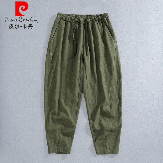 Pierre Cardin pantalones de algodón y lino pantalones de lino cónicos finos, sueltos y transpirables de verano para hombre 2026 nuevos pantalones casuales de nueve puntos de ramio verde militar fresco y transpirable S adecuado para 90-110 Jin Jin equivale a 0,5 kg