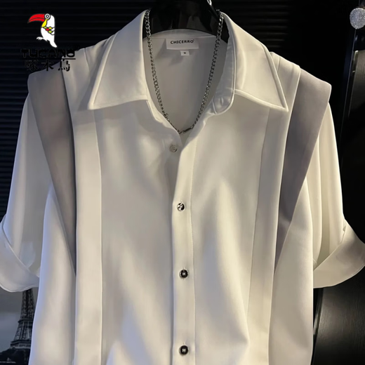 Woodpecker (TUCANO) new summer style contrasting color loose lapel short-sleeved shirt men's trendy casual fashion versatile shirt thin white XL 140Jin Jin is equal to 0.5 kg within