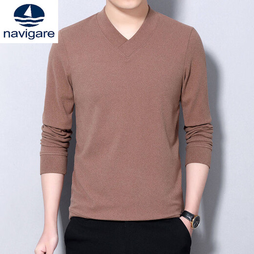 Navigare youth long-sleeved pullover casual solid color sweatshirt men's new velvet cationic V-neck slim spring and autumn outer wear 1619 Gray L Recommended weight 120-140Jin Jin equals 0.5 kg