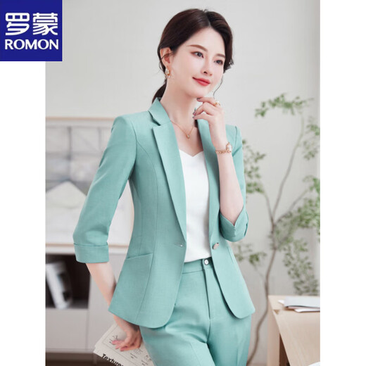 ROMON 2026 summer new style mid-sleeve suit suit for women, high-end, small, professional, casual, small suit jacket, green single-piece suit jacket XL recommended 109-119 Jin Jin equals 0.5 kg