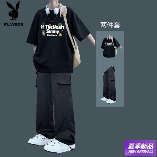 Playboy (PLAYBOY) American T-shirt summer short-sleeved suit casual trend matching men's ice silk trousers loose fashion two-piece set for men 2-piece set-Sunny pure cotton black short-sleeved + overalls black M upgraded version