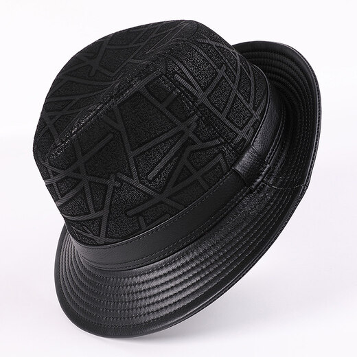 Feshelan top hat gentleman hat men's sheepskin hat cowboy hat top hat Korean style outdoor leisure middle-aged and elderly hat black cowhide fashion style extra large (61-62cm)