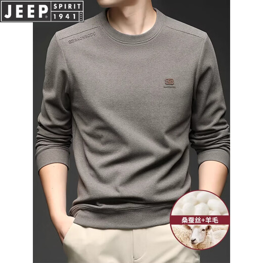 JEEP SPIRIT2026 spring and autumn new round neck long-sleeved t-shirt sweatshirt for young men with wool top casual versatile bottoming shirt medium gray M (suitable for 100-120 Jin Jin equals 0.5 kg)