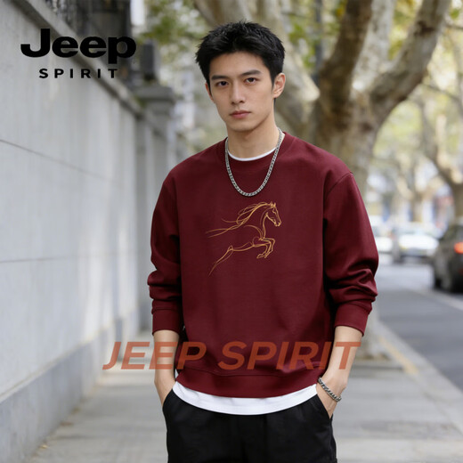 JEEP SPIRIT美式复古卫衣男宽松加绒保暖圆领套头衫2026春季休闲打底衫 酒红色（1） S 95-120斤
