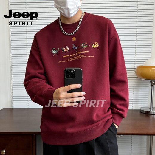 JEEP SPIRIT Тяжелый американский тяжеловесный свитер с круглым вырезом, мужская свободная бархатная рубашка с утепленным низом, национальный тренд, новогодняя красная футболка с длинными рукавами, бордовый XS